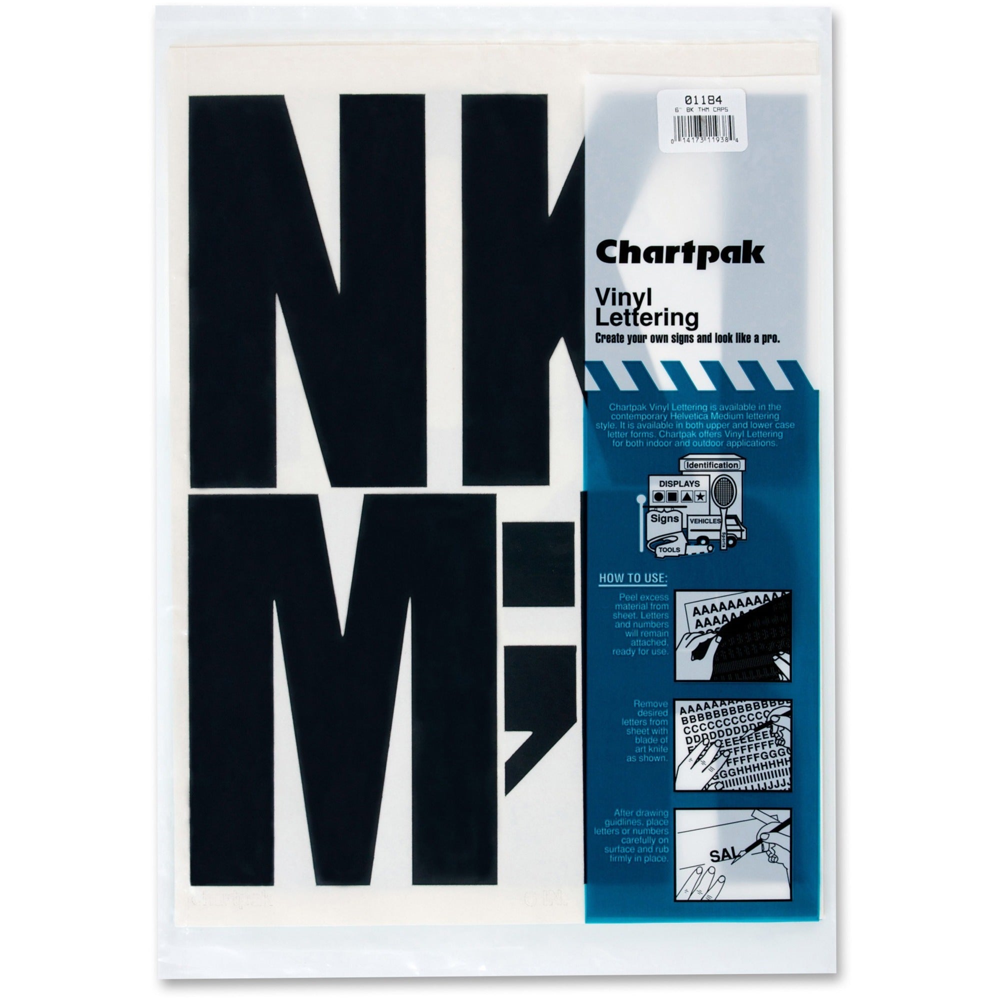 Press-On Vinyl Uppercase Letters, Self Adhesive, Black, 6"h, 38/Pack