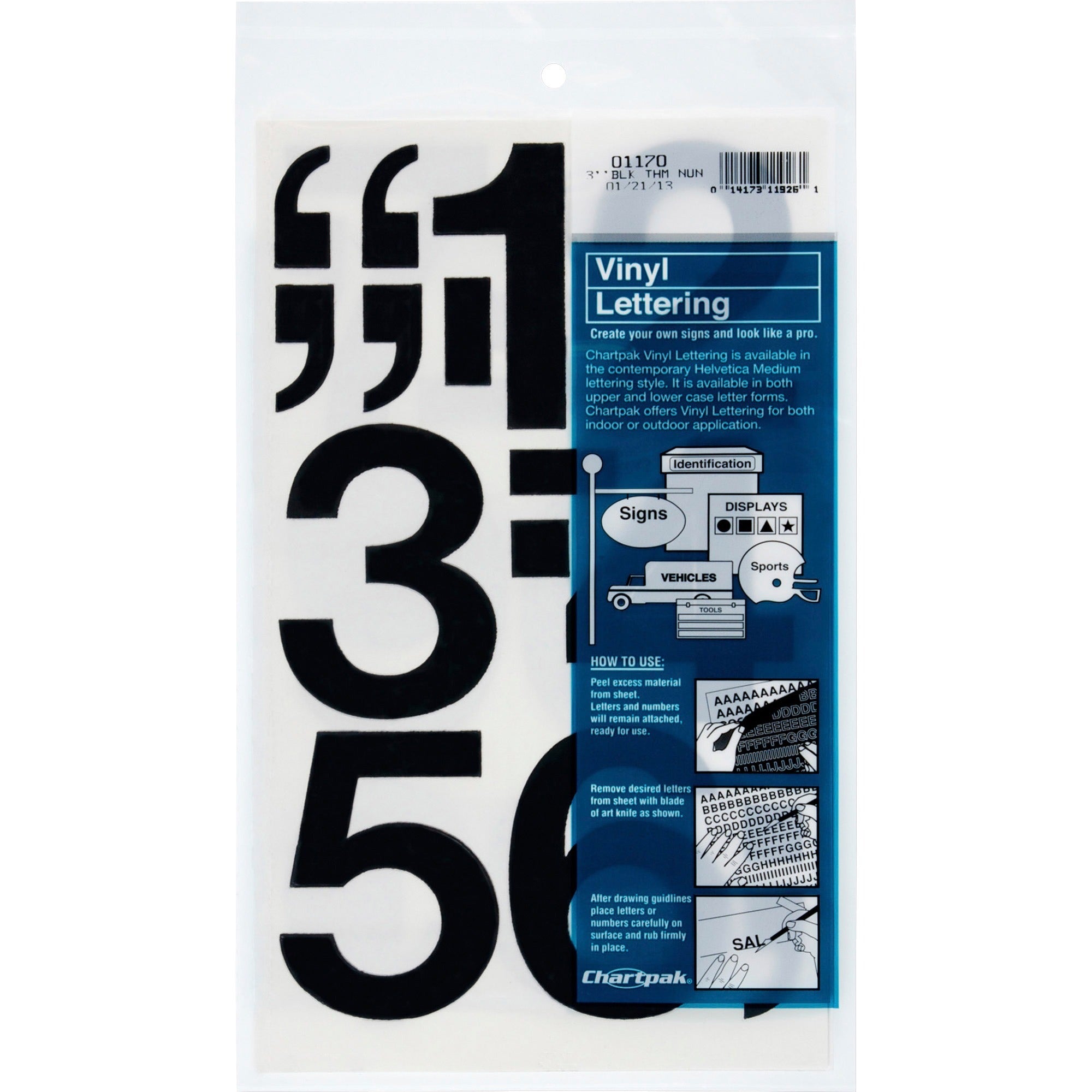 Press-On Vinyl Numbers, Self Adhesive, Black, 3"h, 10/Pack