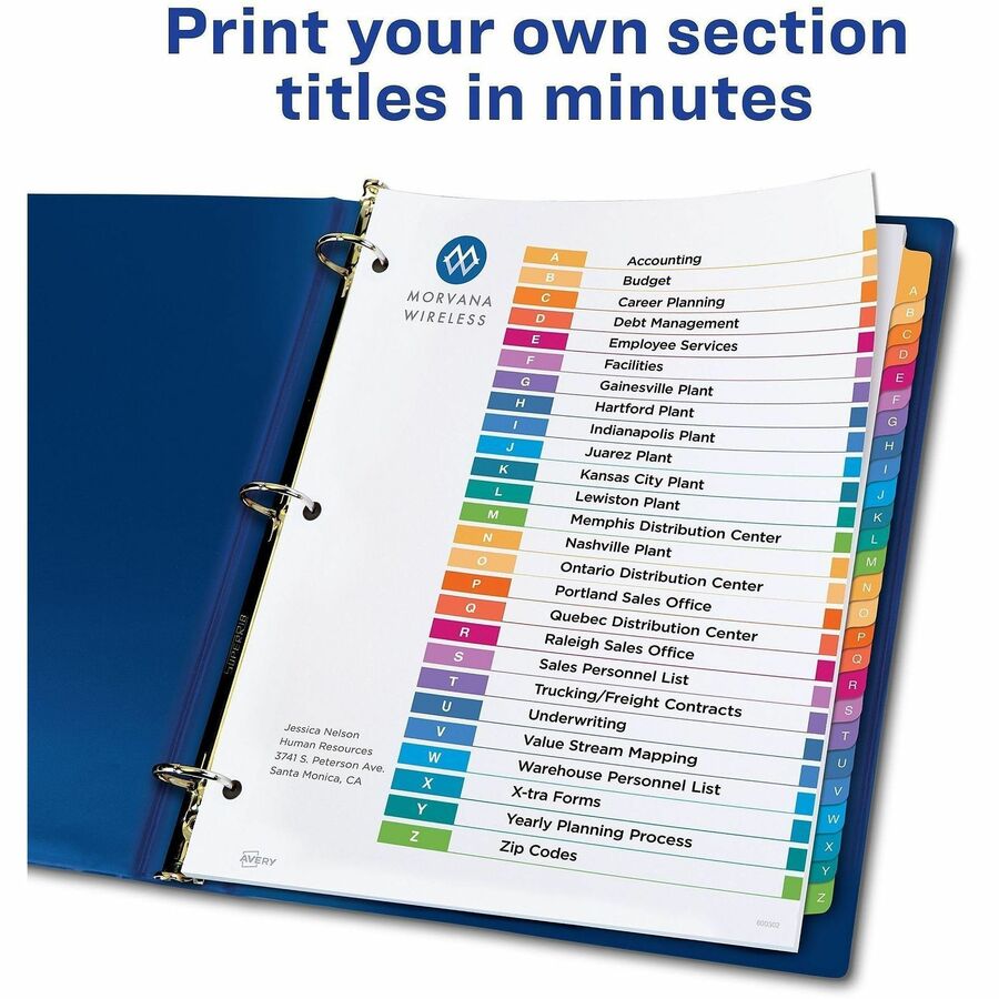 Customizable TOC Ready Index Multicolor Tab Dividers, 26-Tab, A to Z, 11 x 8.5, White, Traditional Color Tabs, 1 Set