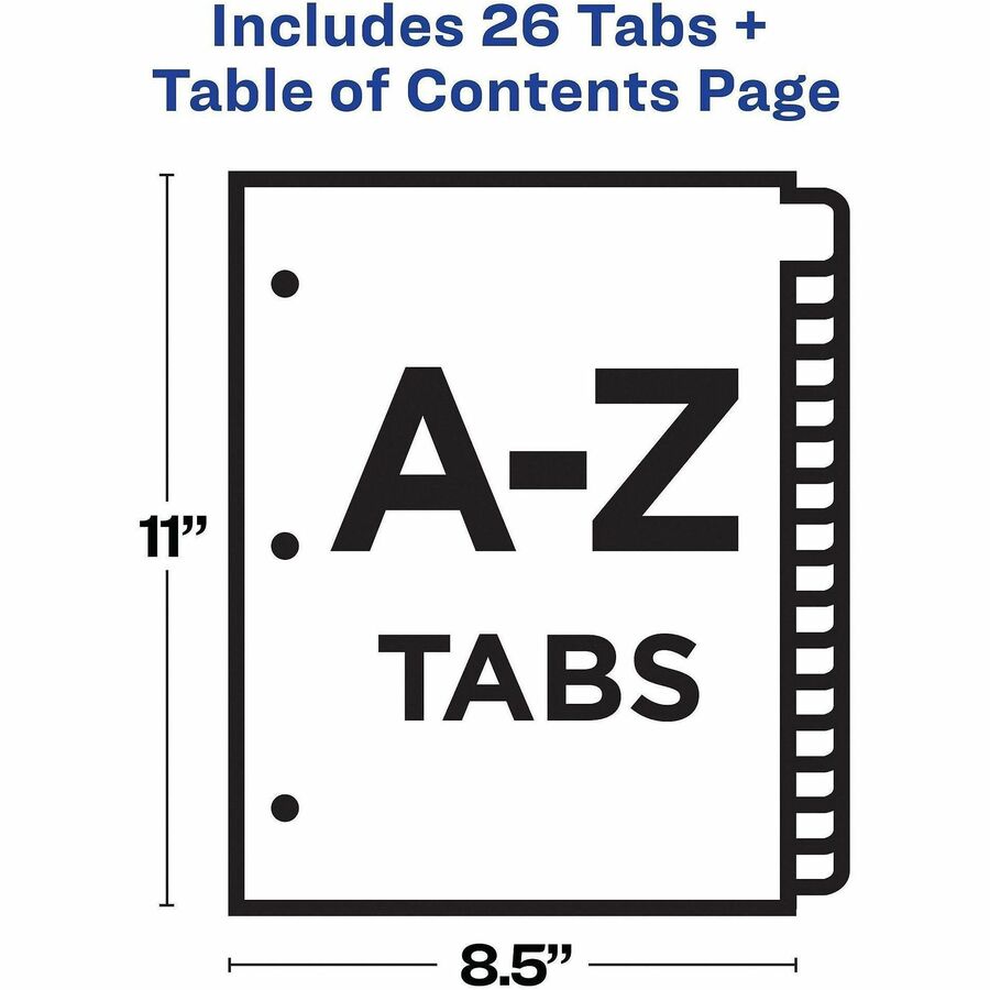 Customizable TOC Ready Index Multicolor Tab Dividers, 26-Tab, A to Z, 11 x 8.5, White, Traditional Color Tabs, 1 Set
