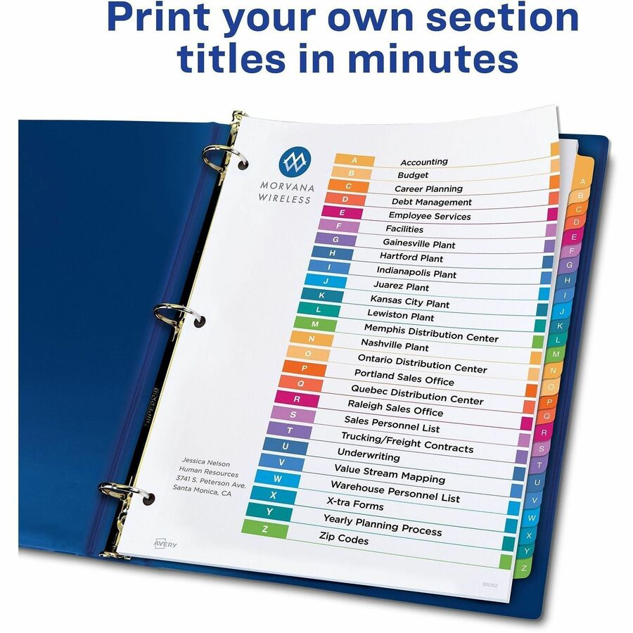 Customizable TOC Ready Index Multicolor Tab Dividers, 26-Tab, A to Z, 11 x 8.5, White, Traditional Color Tabs, 1 Set