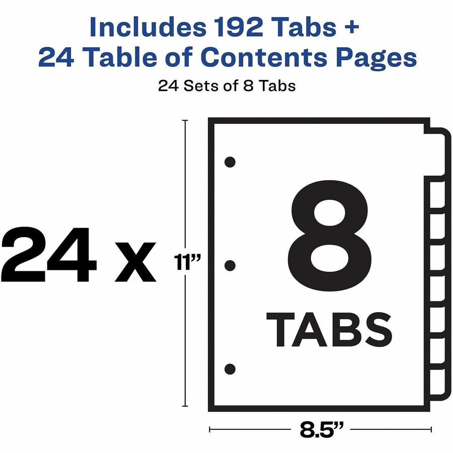 Customizable TOC Ready Index Multicolor Tab Dividers, Uncollated, 8-Tab, 1 to 8, 11 x 8.5, White, 24 Sets