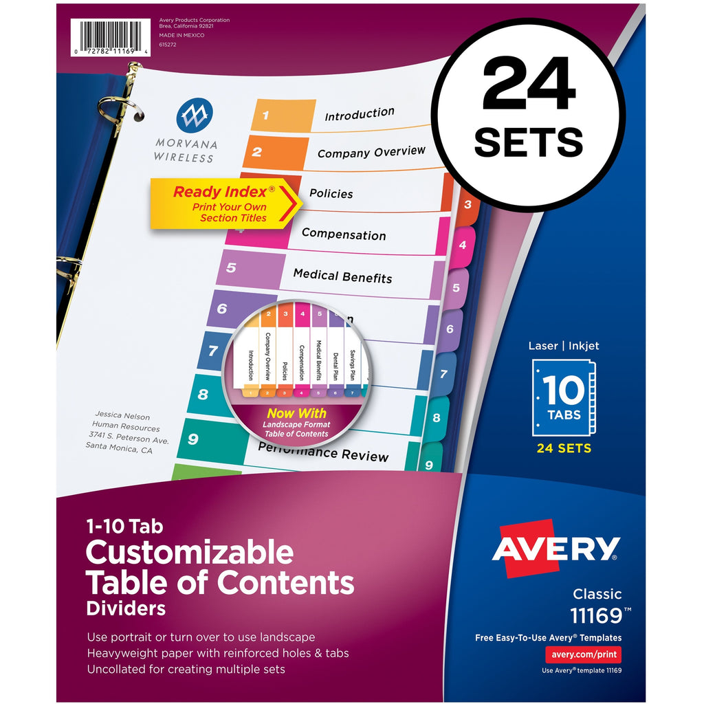 Customizable TOC Ready Index Multicolor Tab Dividers, Uncollated, 10-Tab, 1 to 10, 11 x 8.5, White, 24 Sets