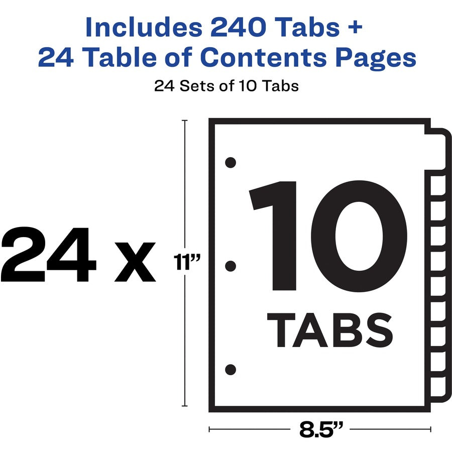 Customizable TOC Ready Index Multicolor Tab Dividers, Uncollated, 10-Tab, 1 to 10, 11 x 8.5, White, 24 Sets