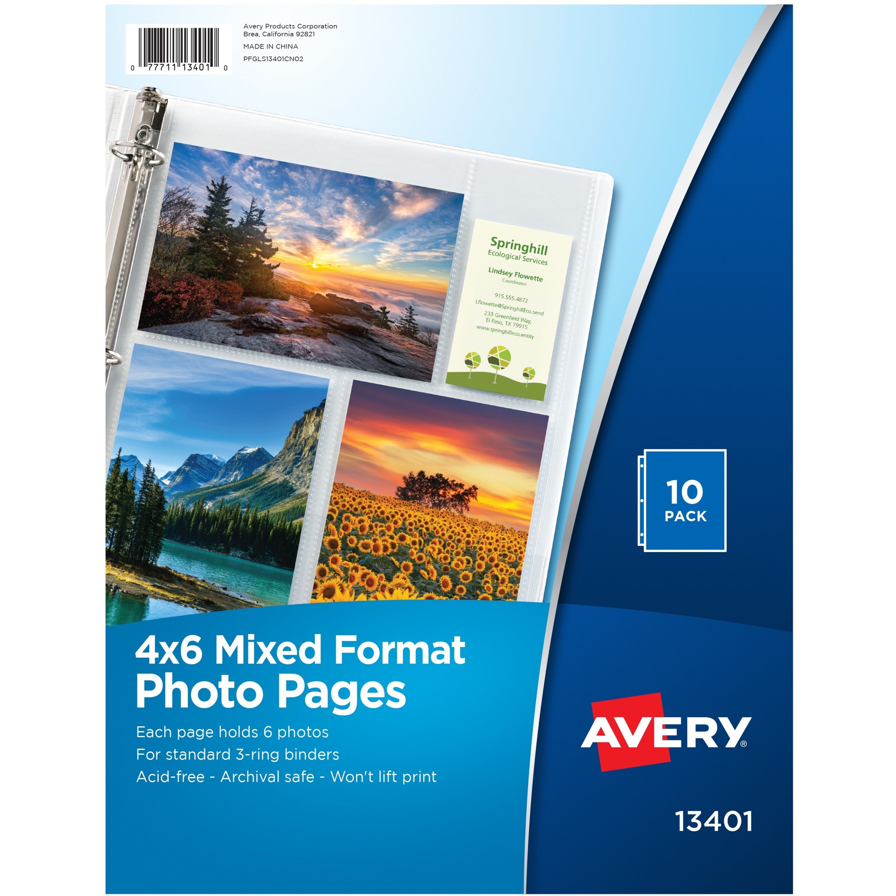 Photo Storage Pages for Six 4 x 6 Mixed Format Photos, 3-Hole Punched, 10/Pack