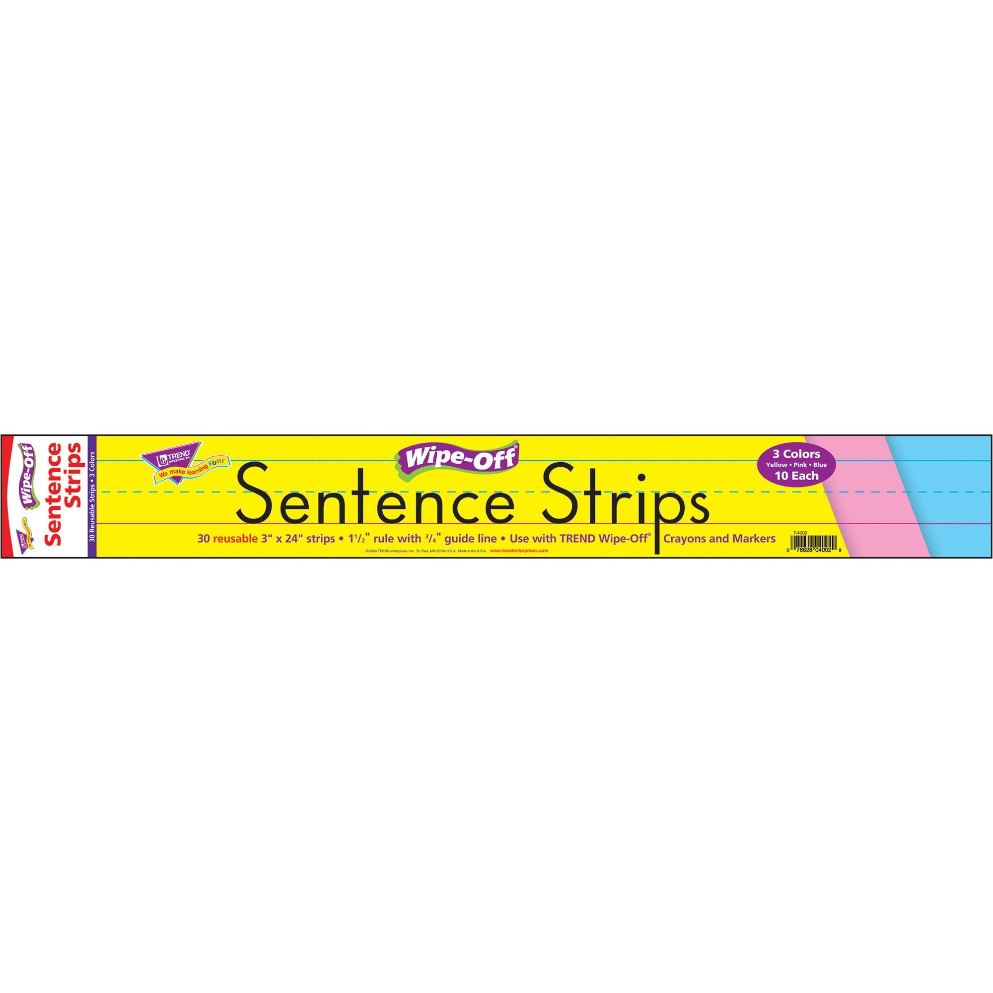 Wipe-Off Sentence Strips, 24 x 3, Blue; Pink; Yellow, 30/Pack