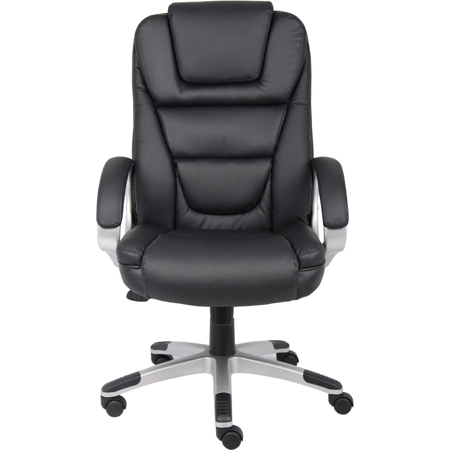 Boss High Back Executive Chair - Black LeatherPlus Seat - Black, Gray Nylon Frame - 5-star Base - 1 Each