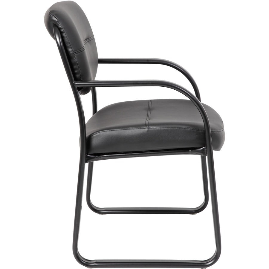 Boss Guest Chair - Black LeatherPlus Seat - Black Steel Frame - Sled Base - 1 Each