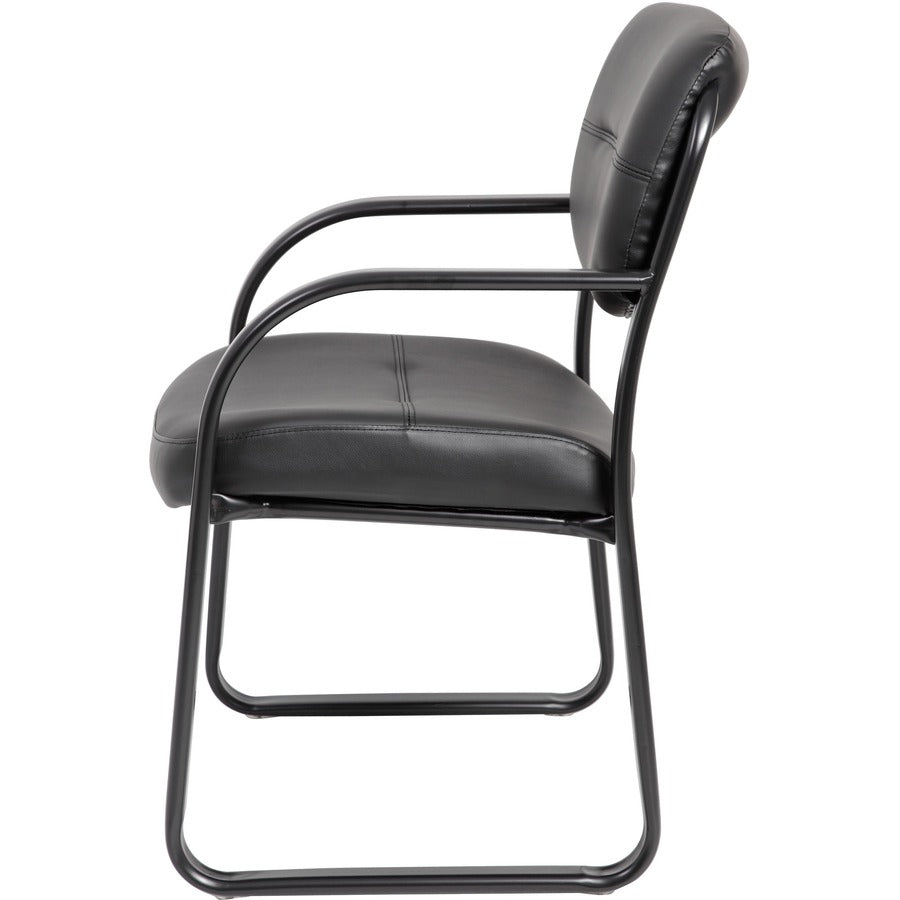 Boss Guest Chair - Black LeatherPlus Seat - Black Steel Frame - Sled Base - 1 Each