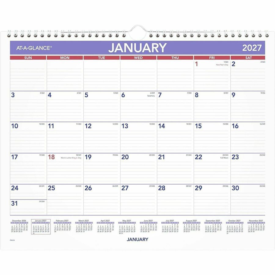 At-A-Glance Wall Calendar - Medium Size - Julian Dates - Monthly - 12 Month - January 2024 - December 2024 - 1 Week Single Page Layout - 15" x 12" White Sheet - 2" x 1.75" Block - Wire Bound - Paper, Chipboard - Hanging Loop, Ruled Daily Block, Easy