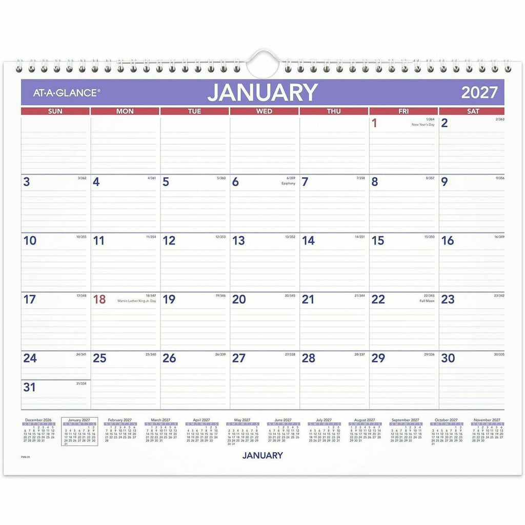 At-A-Glance Wall Calendar - Medium Size - Julian Dates - Monthly - 12 Month - January 2024 - December 2024 - 1 Week Single Page Layout - 15" x 12" White Sheet - 2" x 1.75" Block - Wire Bound - Paper, Chipboard - Hanging Loop, Ruled Daily Block, Easy