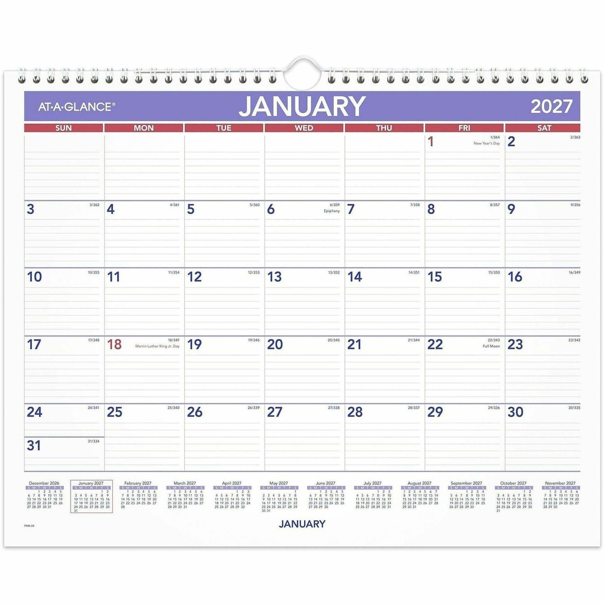 At-A-Glance Wall Calendar - Medium Size - Julian Dates - Monthly - 12 Month - January 2024 - December 2024 - 1 Week Single Page Layout - 15" x 12" White Sheet - 2" x 1.75" Block - Wire Bound - Paper, Chipboard - Hanging Loop, Ruled Daily Block, Easy