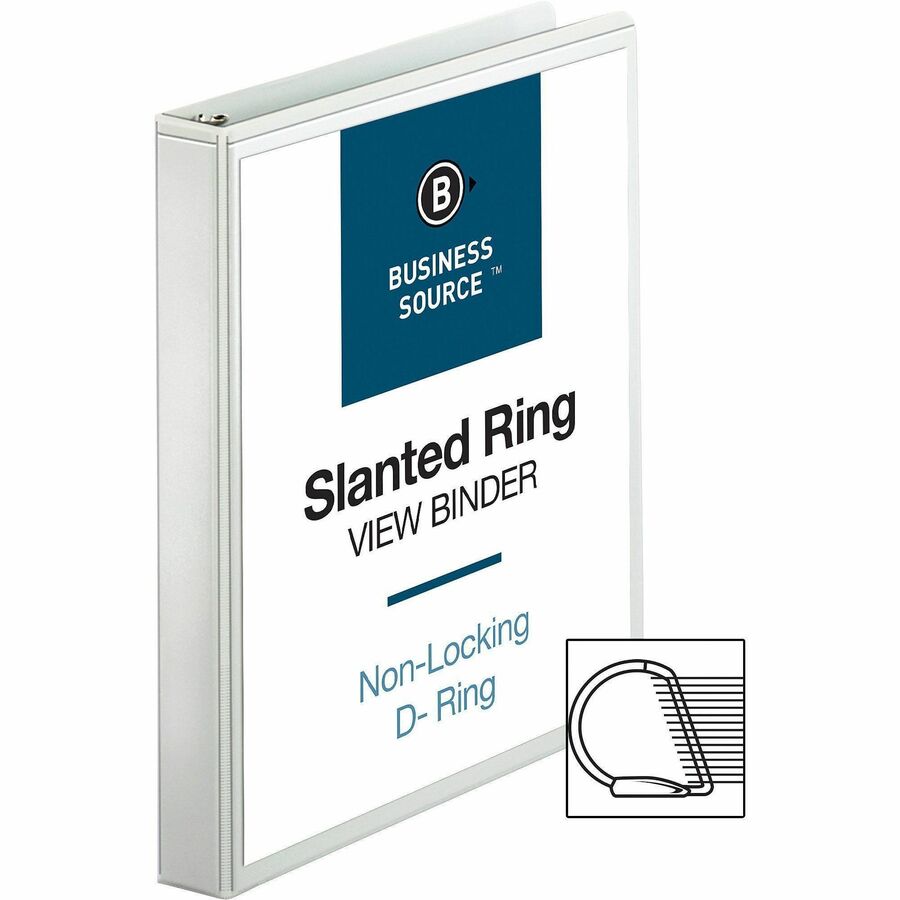 Business Source Basic D-Ring View Binder - 1" Binder Capacity - Letter - 8 1/2" x 11" Sheet Size - 240 Sheet Capacity - 3 x D-Ring Fastener(s) - Polypropylene - White - 1.04 lb - Clear Overlay, Spine Label, Non-glare, Sturdy, Exposed Rivet - 1 Each