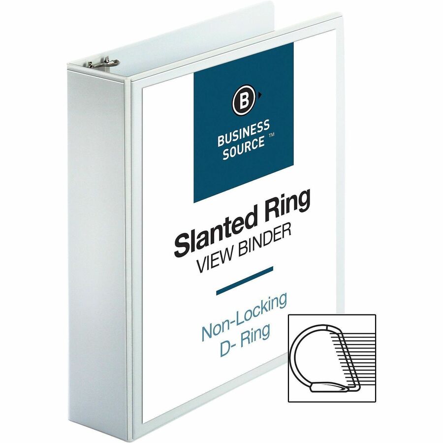 Business Source Basic D-Ring White View Binders - 2" Binder Capacity - Letter - 8 1/2" x 11" Sheet Size - D-Ring Fastener(s) - Polypropylene - White - 1.50 lb - Clear Overlay - 1 Each