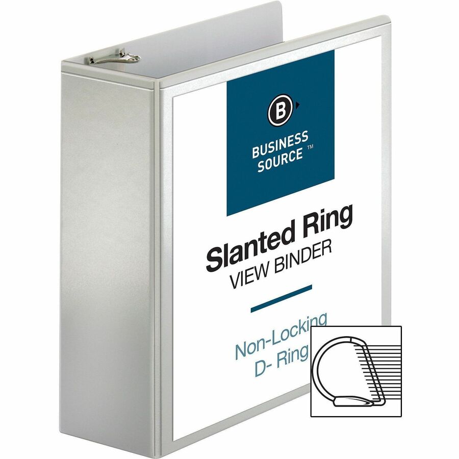 Business Source Basic D-Ring White View Binders - 4" Binder Capacity - Letter - 8 1/2" x 11" Sheet Size - D-Ring Fastener(s) - Polypropylene - White - 1.75 lb - Clear Overlay - 1 Each