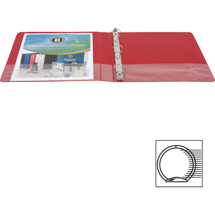 Business Source Basic Round Ring Binders - 1" Binder Capacity - Letter - 8 1/2" x 11" Sheet Size - 225 Sheet Capacity - 3 x Round Ring Fastener(s) - Polypropylene, Chipboard - Red - 11.20 oz - Sturdy - 1 Each - 