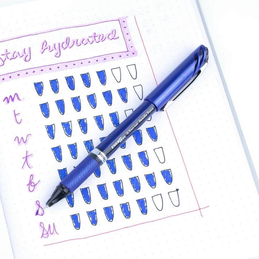 EnerGel NV Gel Pen, Stick, Fine 0.5 mm Needle Tip, Black Ink, Blue/Black Barrel, Dozen