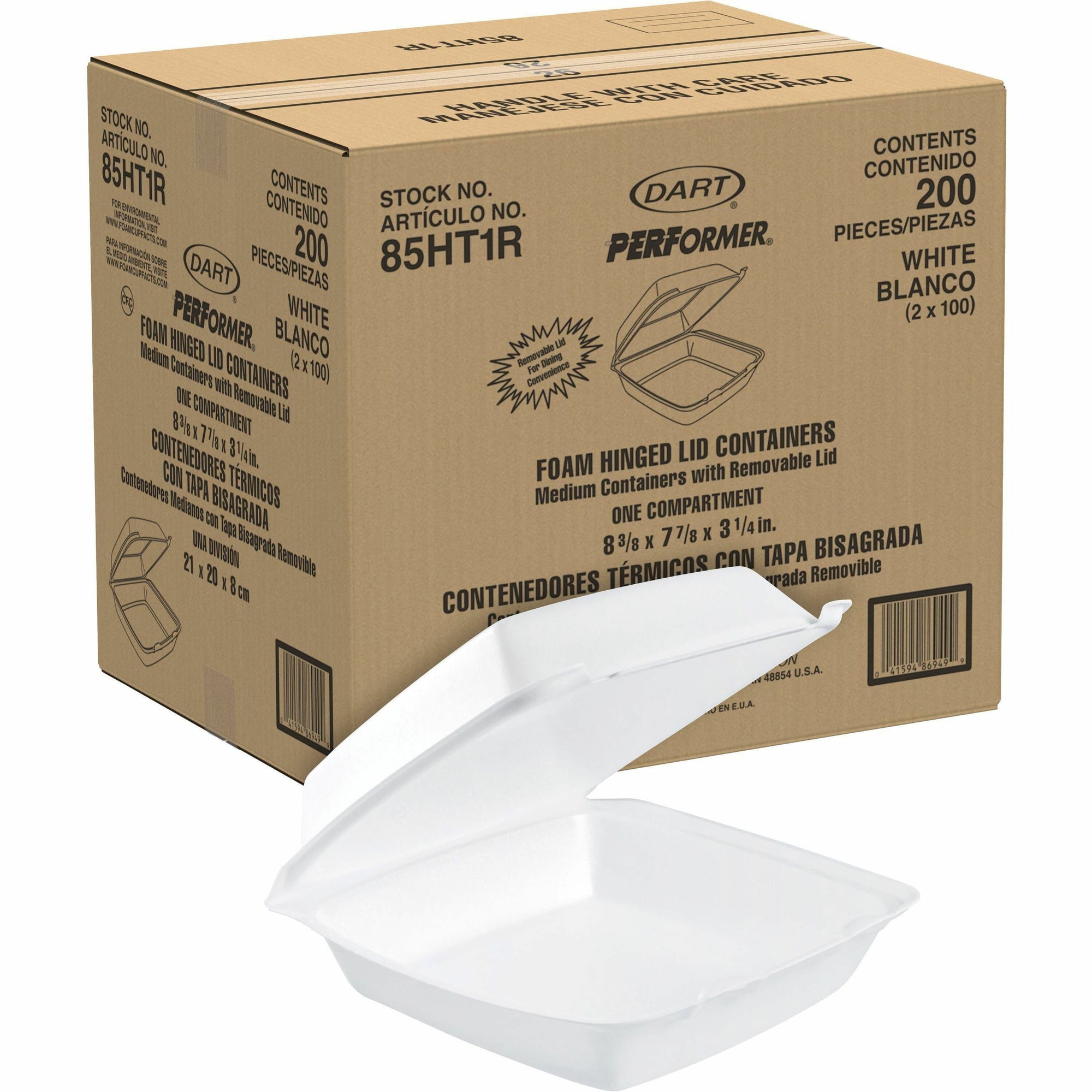 Insulated Foam Hinged Lid Containers, 1-Compartment, 7.9 x 8.4 x 3.3, White, 200/Pack, 2 Packs/Carton