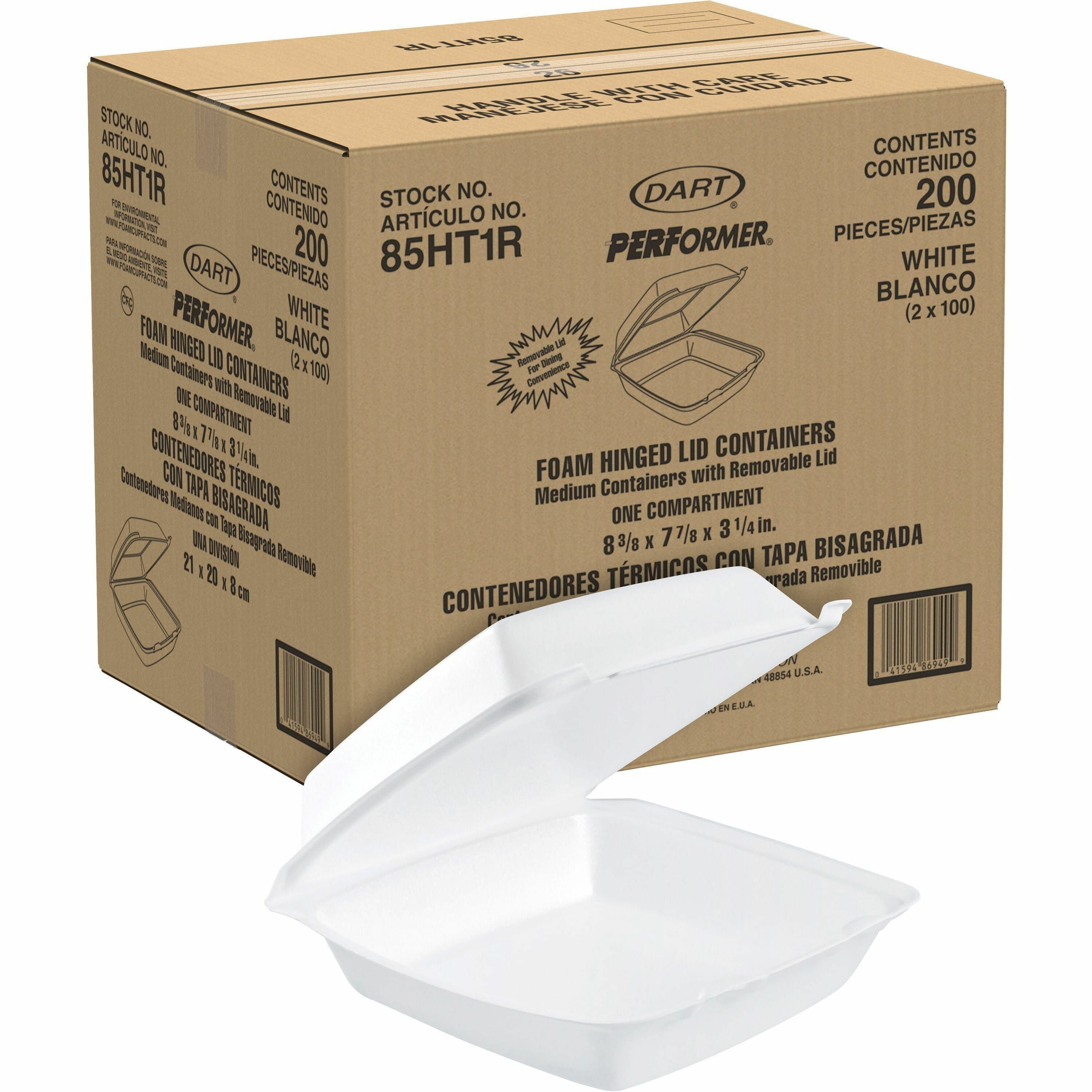 Insulated Foam Hinged Lid Containers, 1-Compartment, 7.9 x 8.4 x 3.3, White, 200/Pack, 2 Packs/Carton
