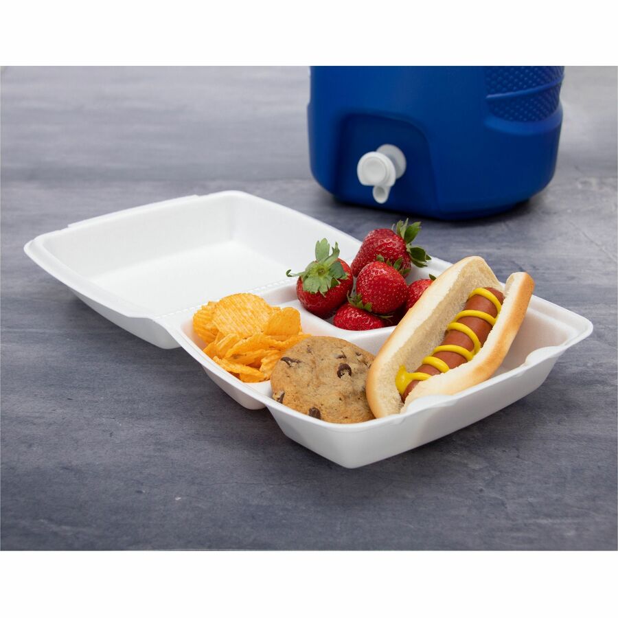 Insulated Foam Hinged Lid Containers, 3-Compartment. 7.9 x 8.4 x 3.3, White, 200/Carton