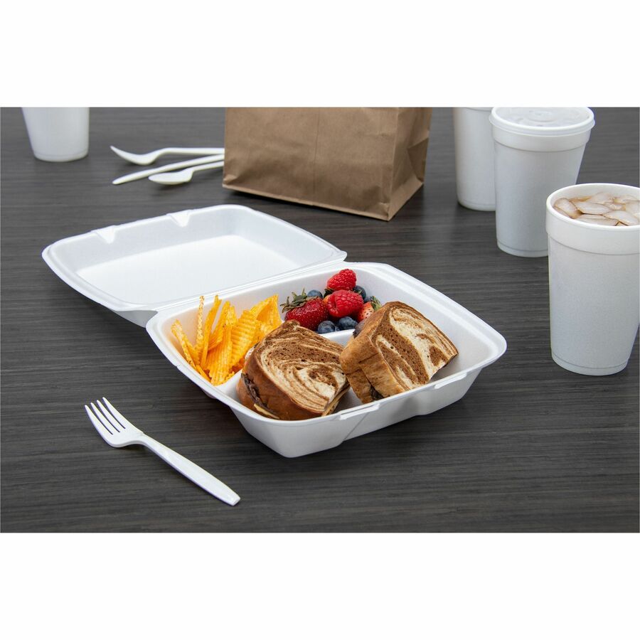 Insulated Foam Hinged Lid Containers, 3-Compartment. 7.9 x 8.4 x 3.3, White, 200/Carton