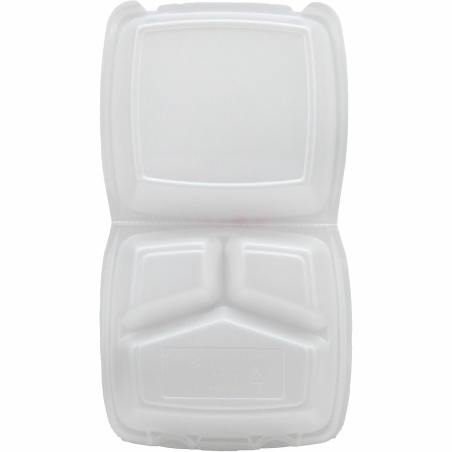 Insulated Foam Hinged Lid Containers, 3-Compartment. 7.9 x 8.4 x 3.3, White, 200/Carton