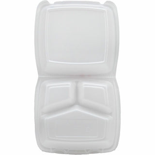 Insulated Foam Hinged Lid Containers, 3-Compartment. 7.9 x 8.4 x 3.3, White, 200/Carton