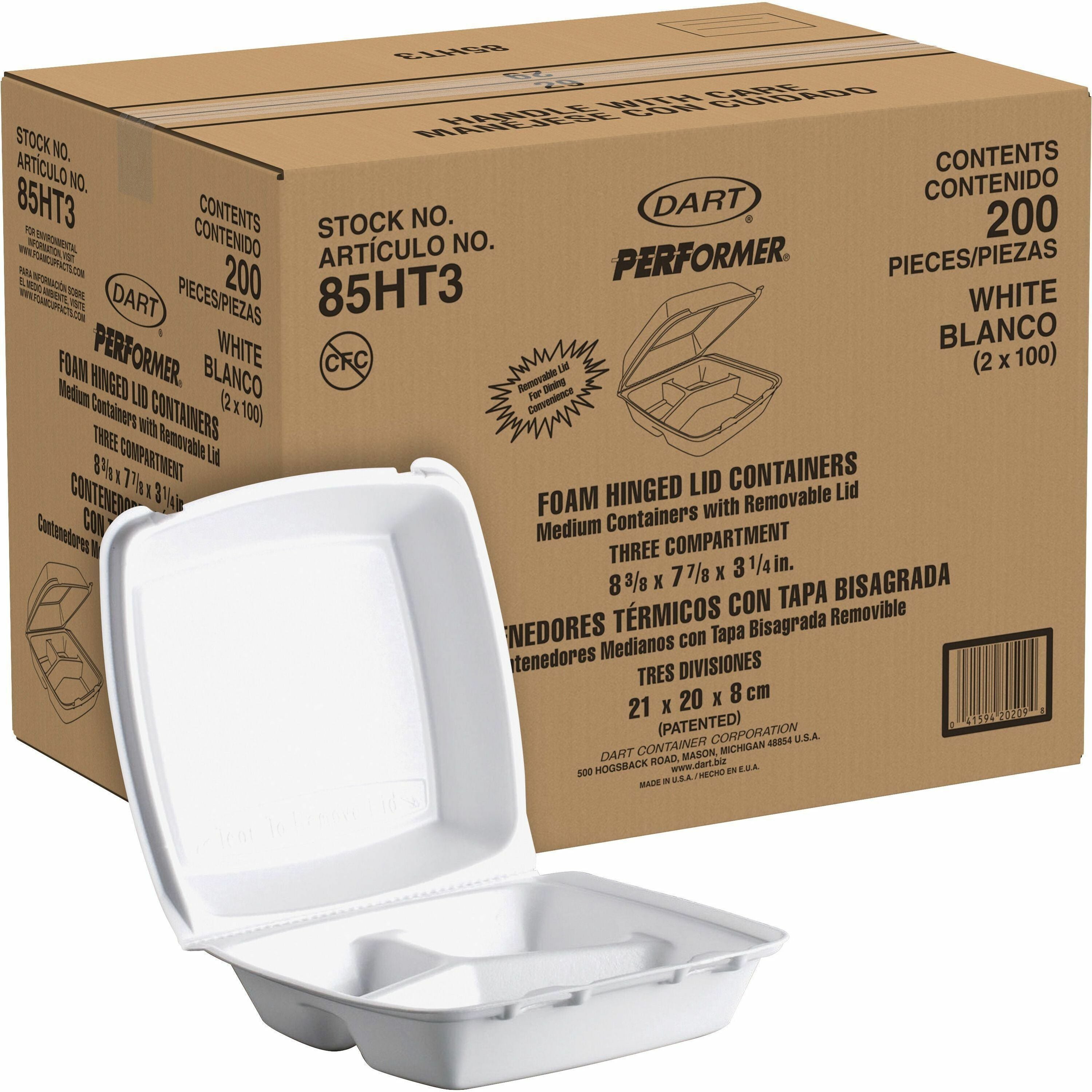 Insulated Foam Hinged Lid Containers, 3-Compartment. 7.9 x 8.4 x 3.3, White, 200/Carton