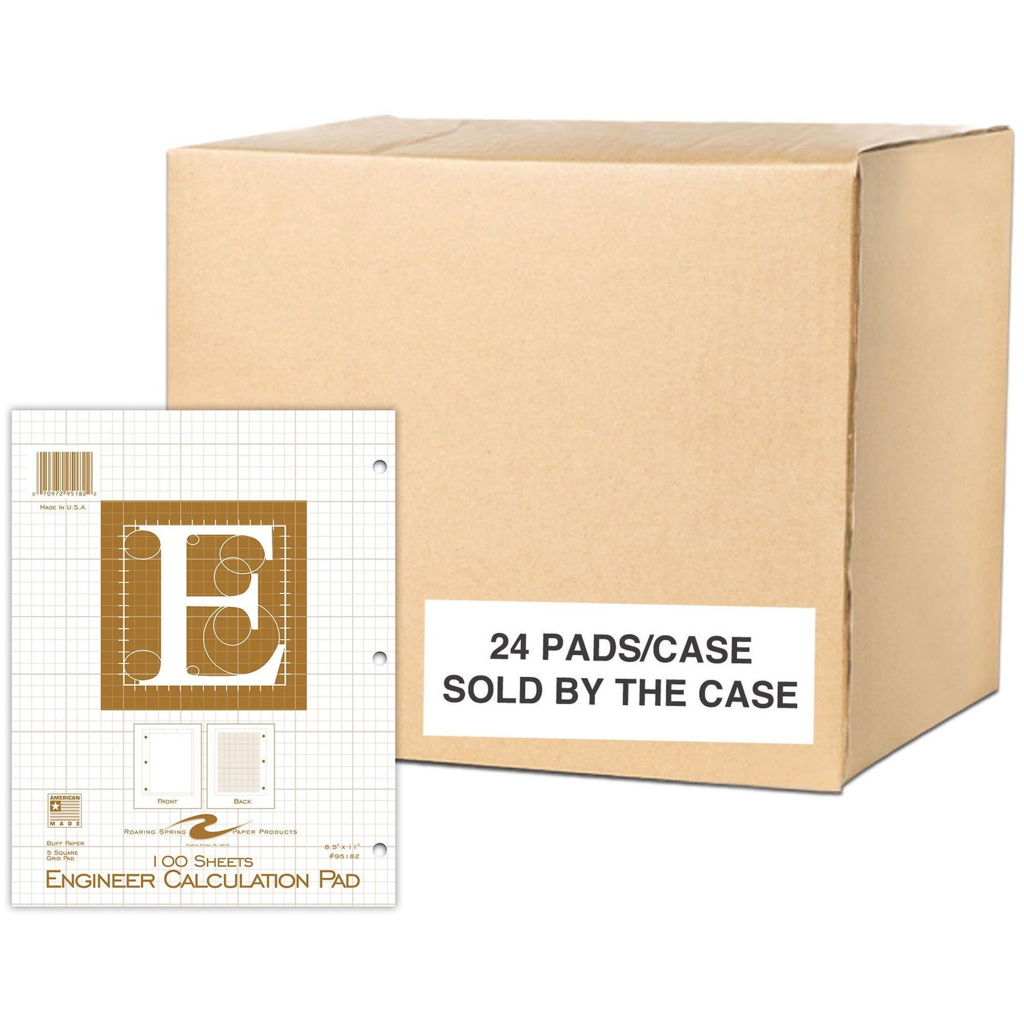 Roaring Spring 5x5 Grid Engineering Pad - 100 Sheets - 200 Pages - Printed - Glued - Back Ruling Surface - 3 Hole(s) - 20 lb Basis Weight - 75 g/m2 Grammage - 11" x 8 1/2" - 0.40" x 8.5" x 11" - Buff Paper - 1 Each