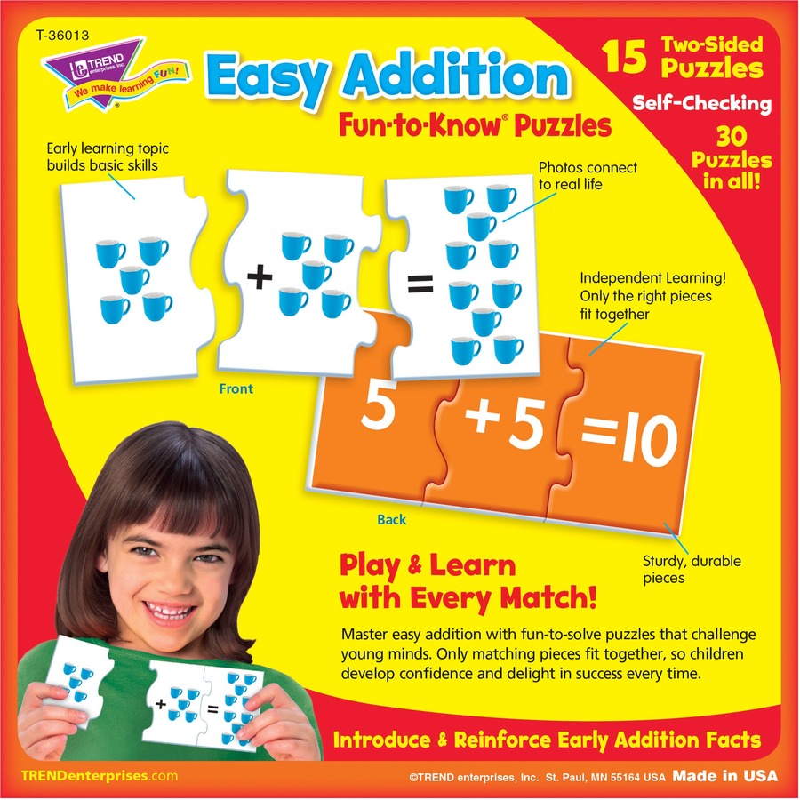 Trend Easy Addition Fun-to-Know Puzzles - Theme/Subject: Learning - Skill Learning: Addition, Number Recognition - 5 Year & Up - 45 Pieces - Multicolor