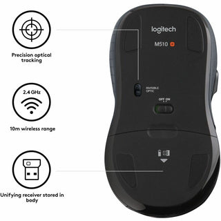 M510 Wireless Mouse, 2.4 GHz Frequency/30 ft Wireless Range, Right Hand Use, Dark Gray