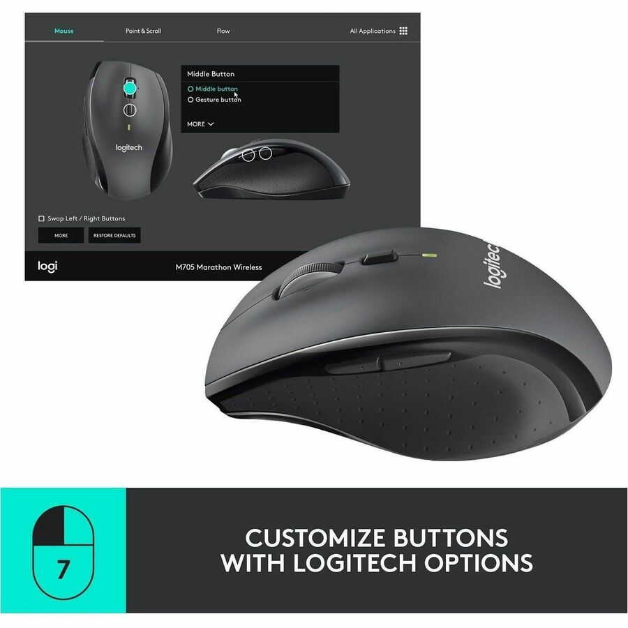 M705 Marathon Wireless Laser Mouse, 2.4 GHz Frequency/30 ft Wireless Range, Right Hand Use, Black