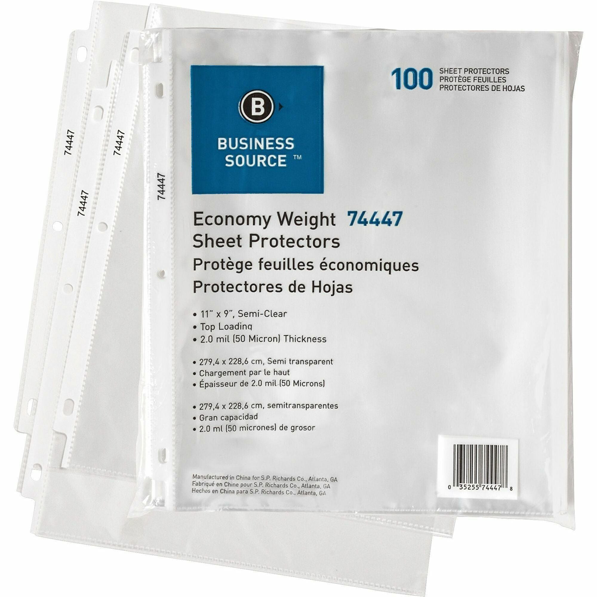 Business Source Economy Weight Sheet Protectors - 11" Height x 9" Width - 2 mil Thickness - For Letter 8 1/2" x 11" Sheet - Ring Binder - Rectangular - Semi Clear - Polypropylene - 100 / Pack - 