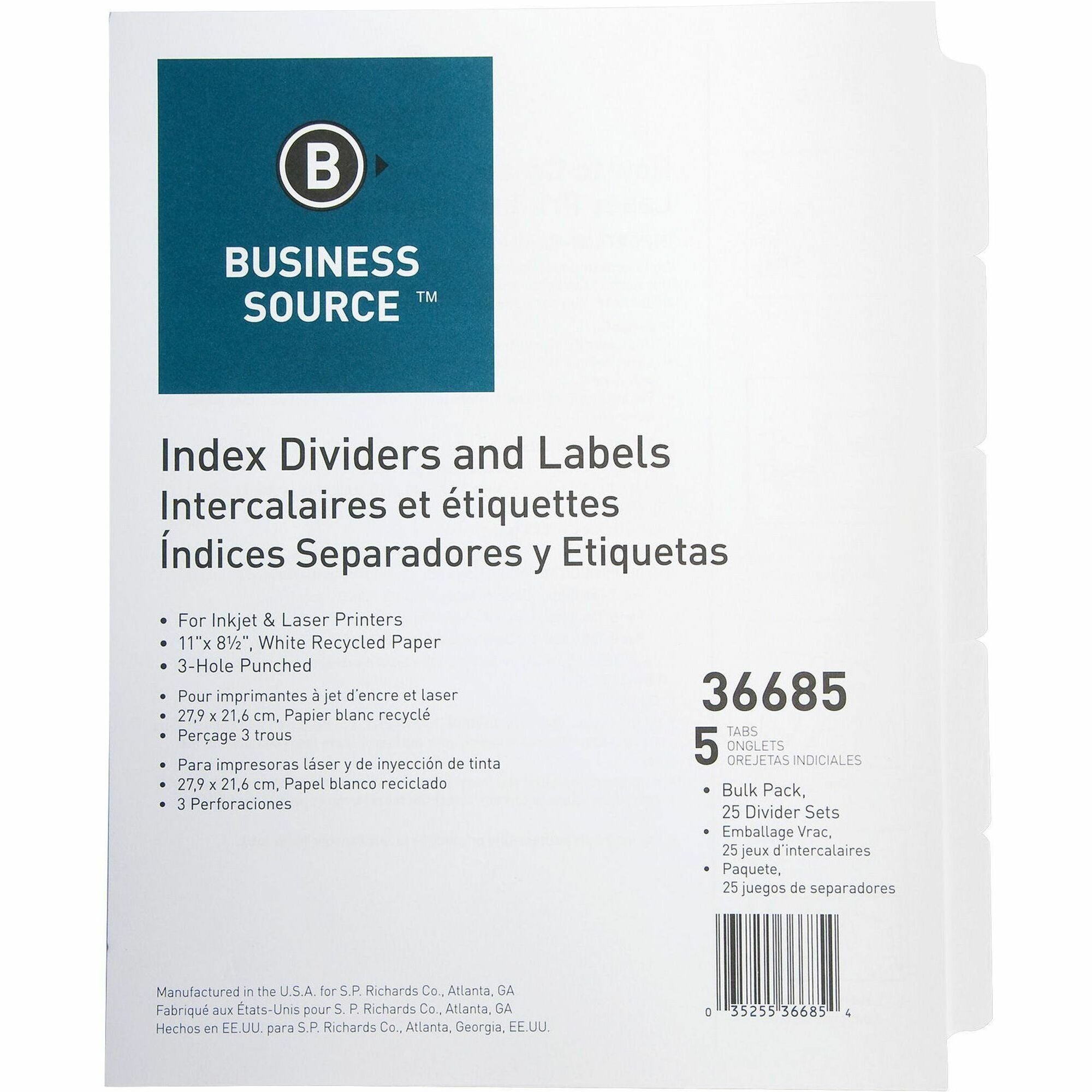 Business Source Punched Laser Index Dividers - 5 Blank Tab(s) - 8.5" Divider Width x 11" Divider Length - Letter - 3 Hole Punched - White Paper Divider - White Tab(s) - Recycled - Mylar Reinforcement, Reinforced, Punched - 25 / Box - 