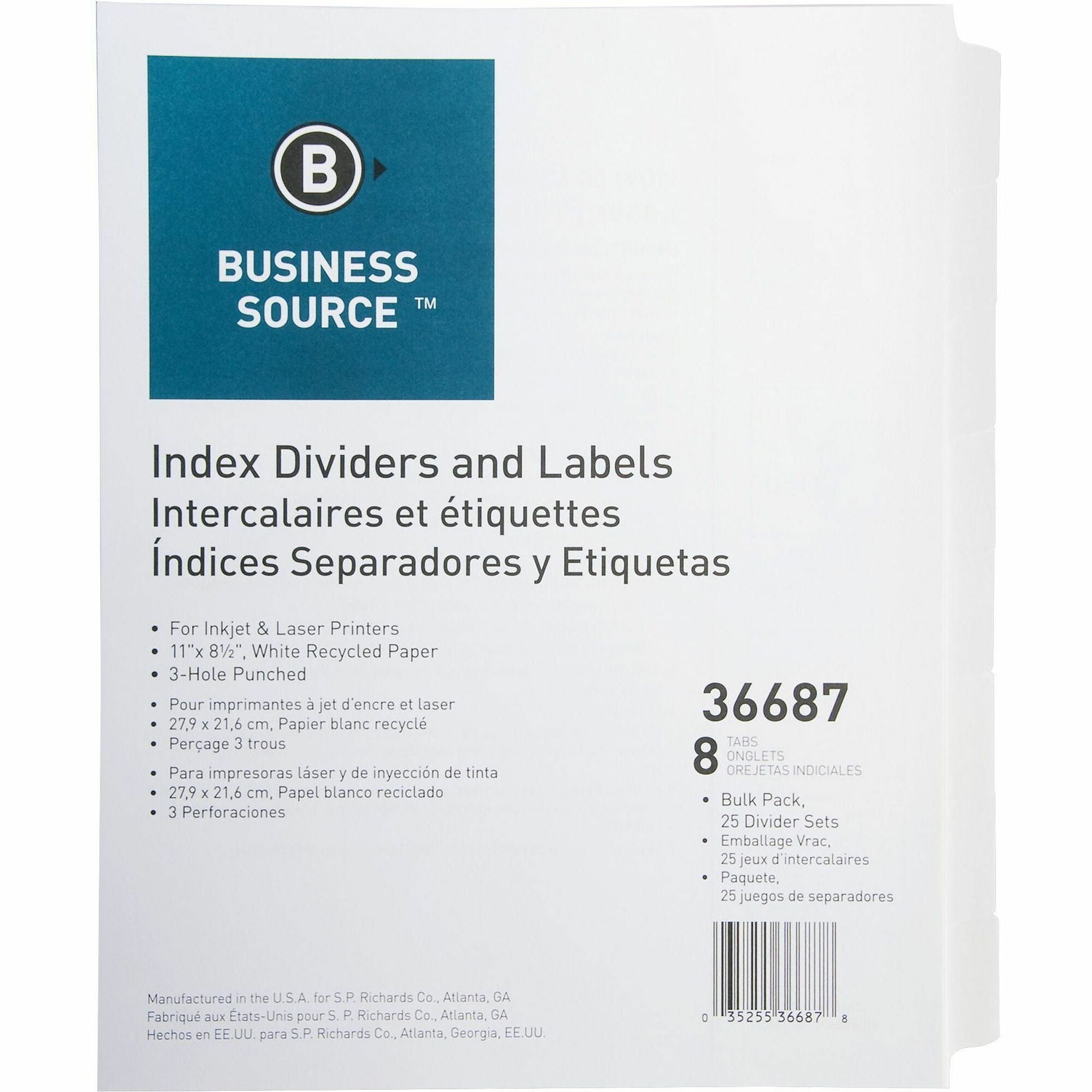 Business Source Punched Laser Index Dividers - 8 Blank Tab(s) - 8.5" Divider Width x 11" Divider Length - Letter - 3 Hole Punched - White Paper Divider - White Tab(s) - Recycled - Mylar Reinforcement, Reinforced, Punched - 25 / Box - 