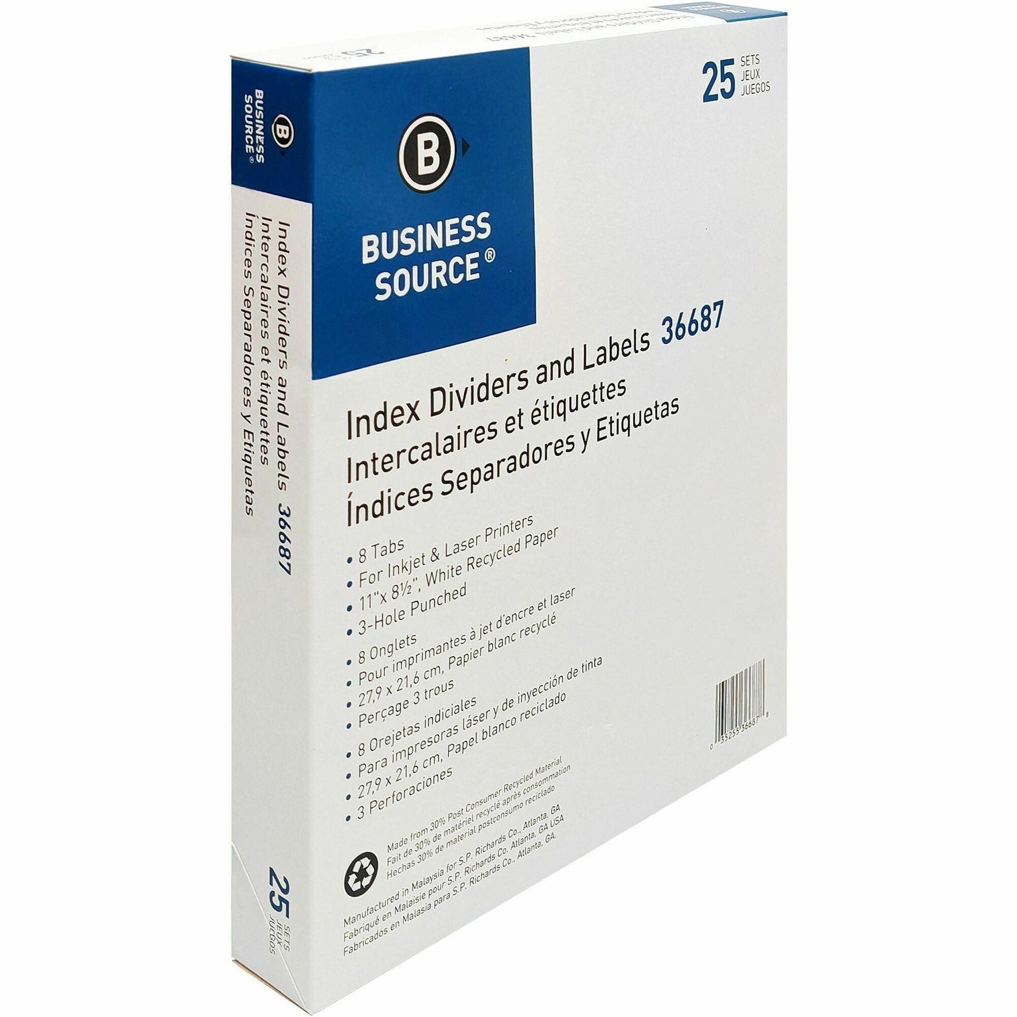 Business Source Punched Laser Index Dividers - 8 Blank Tab(s) - 8.5" Divider Width x 11" Divider Length - Letter - 3 Hole Punched - White Paper Divider - White Tab(s) - Recycled - Mylar Reinforcement, Reinforced, Punched - 25 / Box