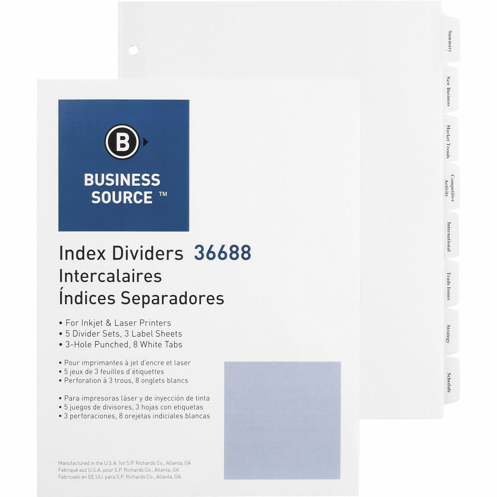 Business Source Punched Tabbed Laser Index Dividers - 8 Blank Tab(s) - 8.5" Divider Width x 11" Divider Length - Letter - 3 Hole Punched - White Paper Divider - White Tab(s) - Recycled - Mylar Reinforcement, Reinforced, Punched - 5 / Pack - 