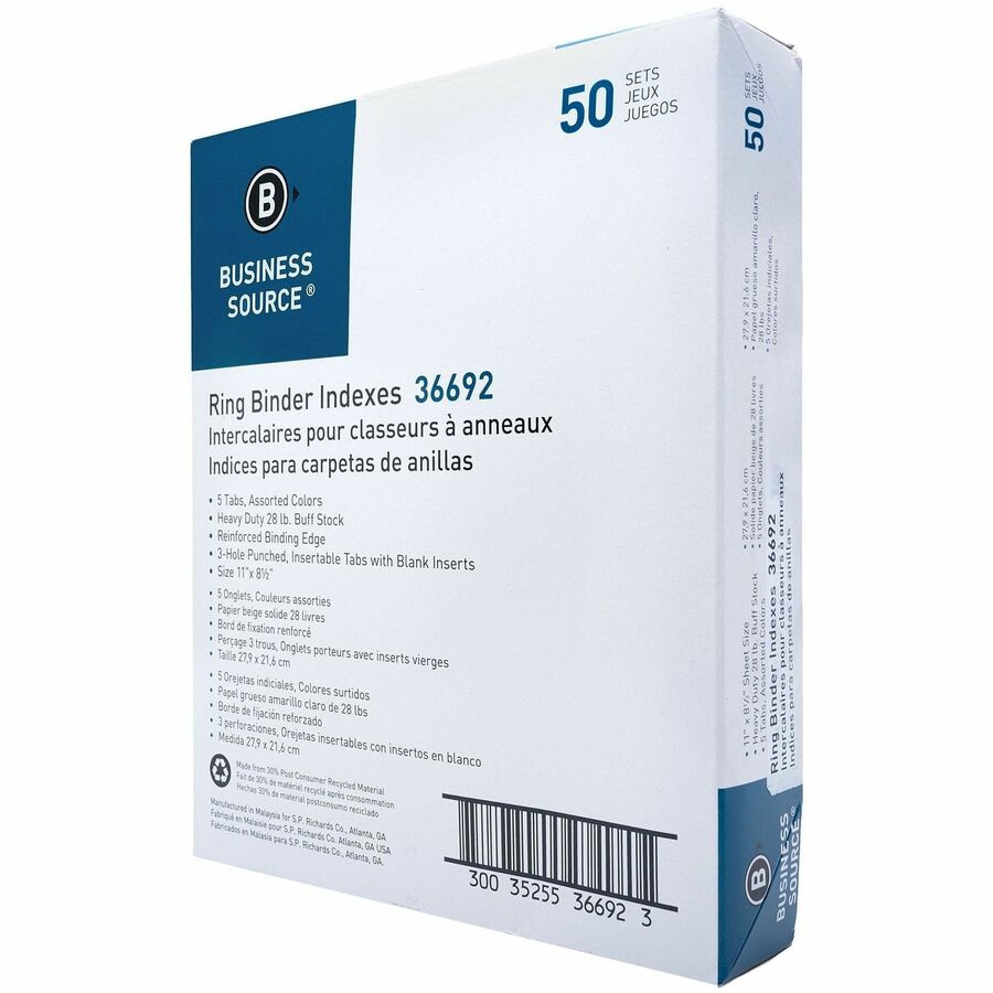 Business Source Insertable Tab Ring Binder Indexes - 5 Blank Tab(s)2" Tab Width - 8.5" Divider Width x 11" Divider Length - Letter - 3 Hole Punched - Multicolor Tab(s) - Tear Resistant, Punched, Insertable, Reinforced Edges - 5 / Set