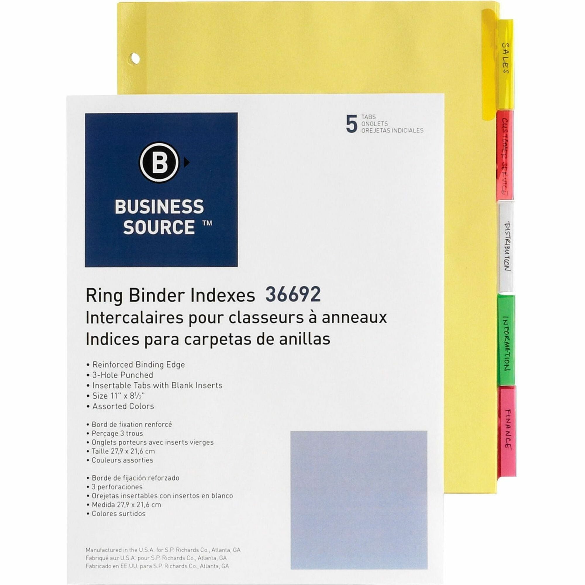 Business Source Insertable Tab Ring Binder Indexes - 5 Blank Tab(s)2" Tab Width - 8.5" Divider Width x 11" Divider Length - Letter - 3 Hole Punched - Multicolor Tab(s) - Tear Resistant, Punched, Insertable, Reinforced Edges - 5 / Set - 