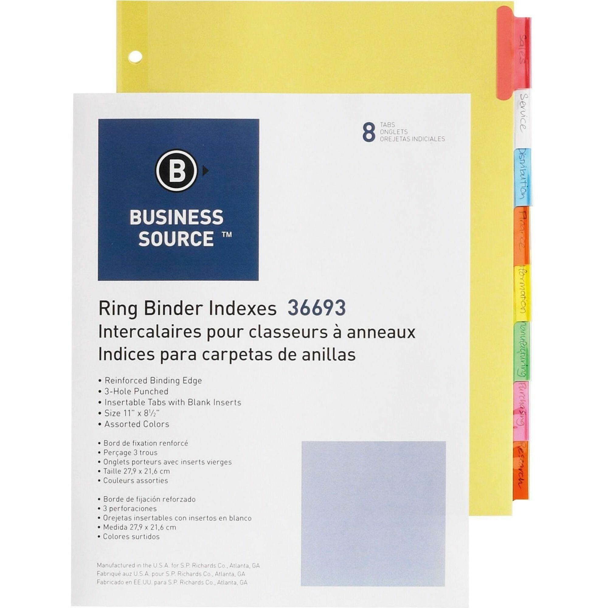 Business Source Insertable Tab Ring Binder Indexes - 8 Blank Tab(s)1.50" Tab Width - 8.5" Divider Width x 11" Divider Length - Letter - 3 Hole Punched - Multicolor Tab(s) - Tear Resistant, Punched, Insertable, Reinforced Edges - 8 / Set - 