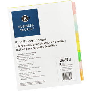 Business Source Insertable Tab Ring Binder Indexes - 8 Blank Tab(s)1.50" Tab Width - 8.5" Divider Width x 11" Divider Length - Letter - 3 Hole Punched - Multicolor Tab(s) - Tear Resistant, Punched, Insertable, Reinforced Edges - 8 / Set