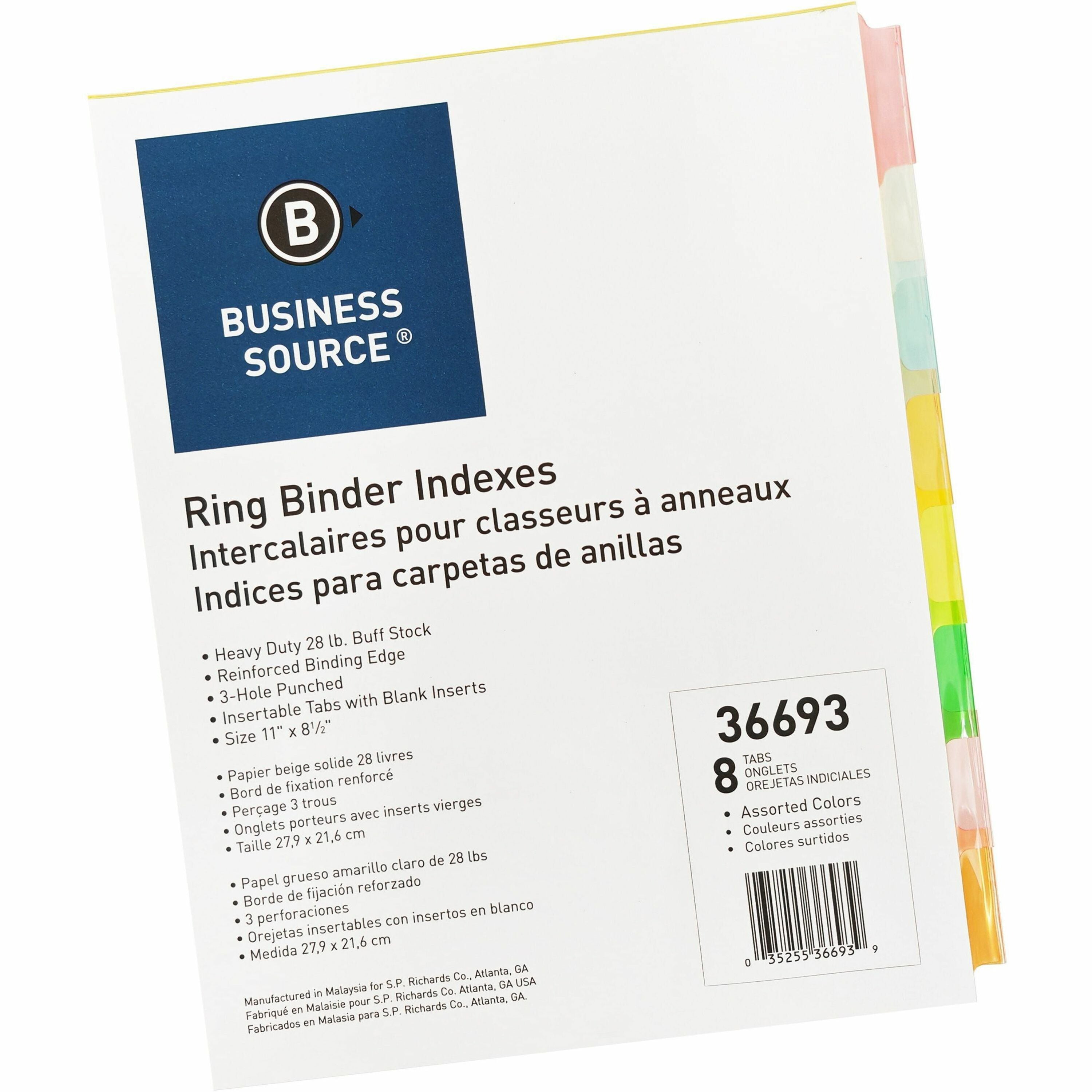 Business Source Insertable Tab Ring Binder Indexes - 8 Blank Tab(s)1.50" Tab Width - 8.5" Divider Width x 11" Divider Length - Letter - 3 Hole Punched - Multicolor Tab(s) - Tear Resistant, Punched, Insertable, Reinforced Edges - 8 / Set