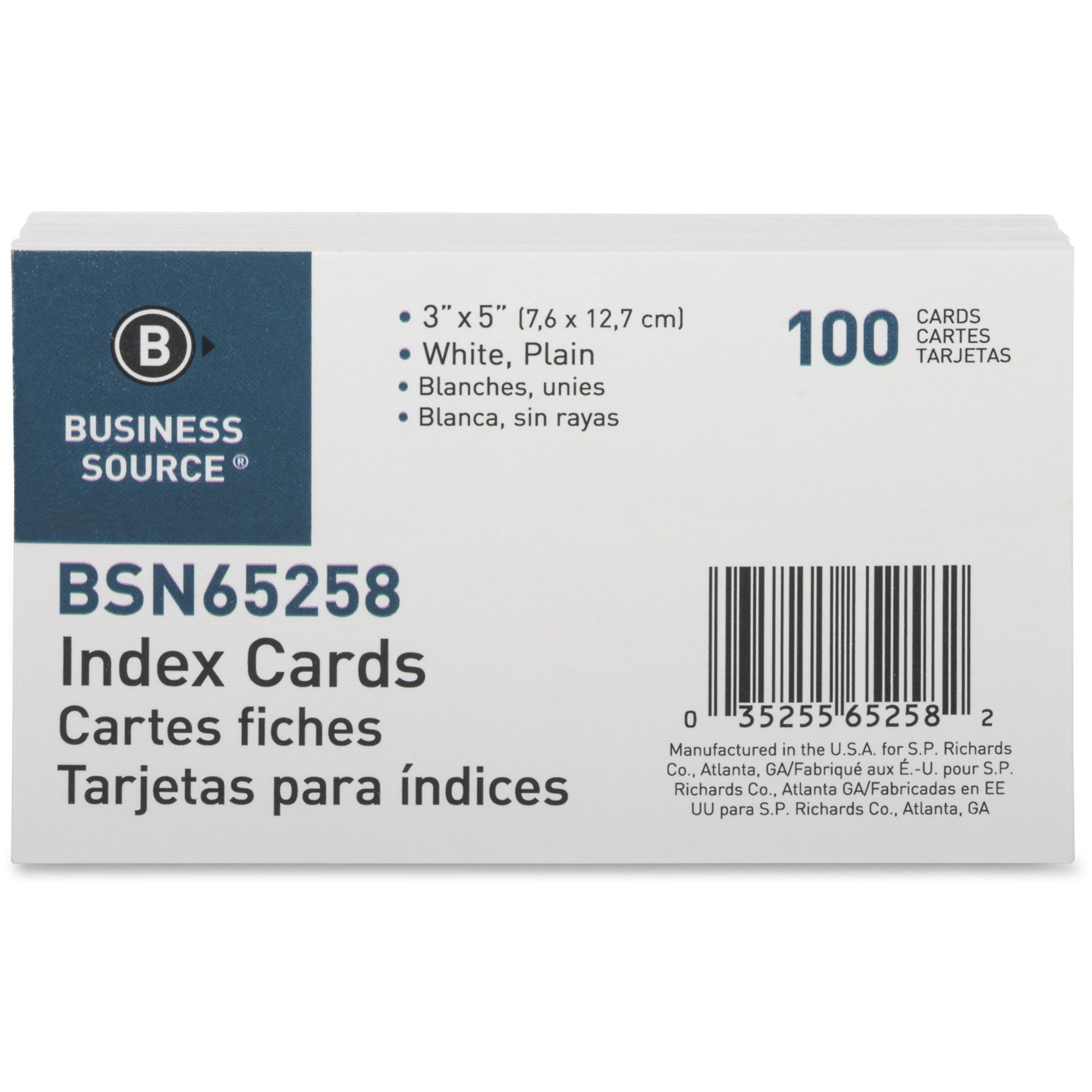 Business Source Plain Index Cards - 5" Width x 3" Length - 100 / Pack - 