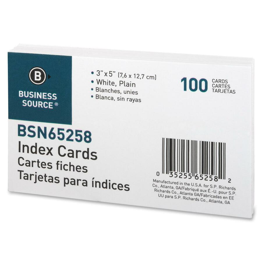 Business Source Plain Index Cards - 5" Width x 3" Length - 100 / Pack - 