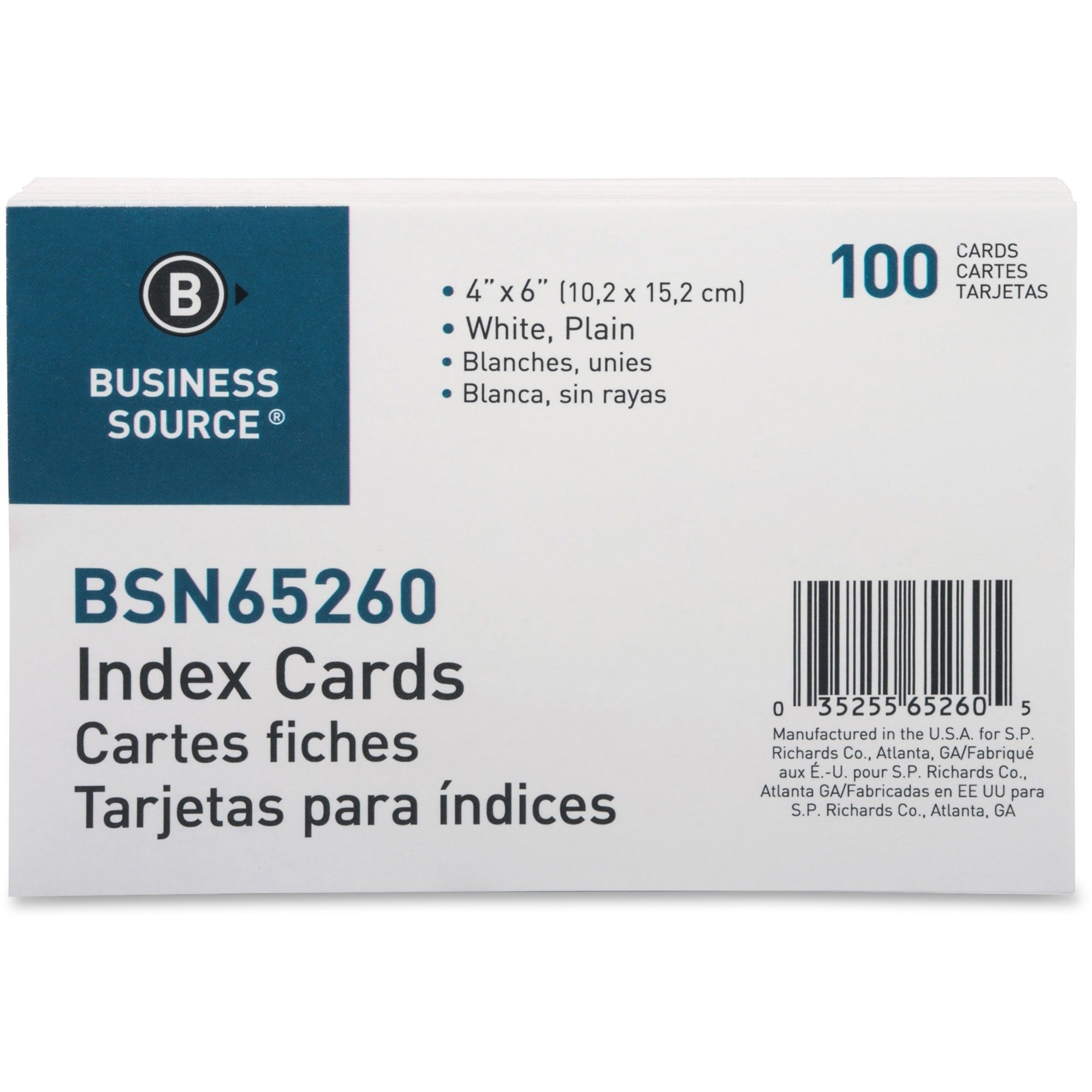 Business Source Plain Index Cards - 6" Width x 4" Length - 100 / Pack - 