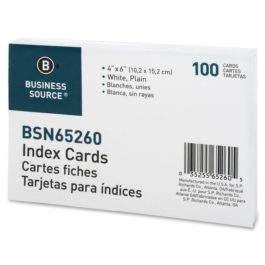 Business Source Plain Index Cards - 6" Width x 4" Length - 100 / Pack - 