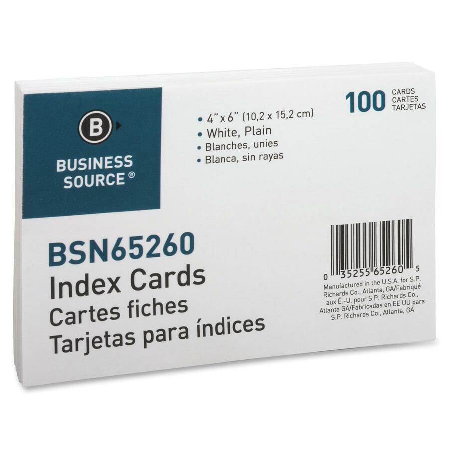 Business Source Plain Index Cards - 6" Width x 4" Length - 100 / Pack - 