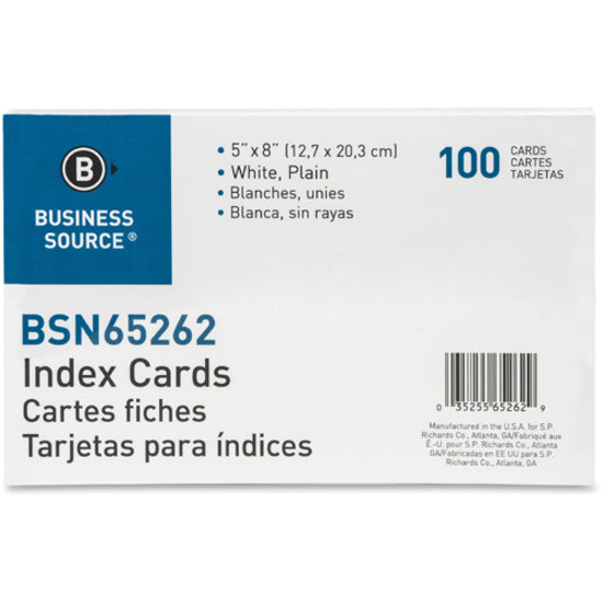 Business Source Plain Index Cards - 8" Width x 5" Length - 100 / Pack - 