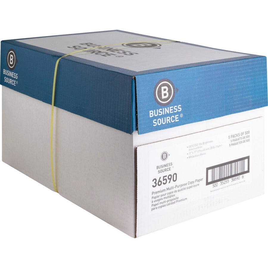 Business Source Premium Multipurpose Copy Paper - 92 Brightness - Ledger/Tabloid - 11" x 17" - 20 lb Basis Weight - 2500 / Carton - Acid-free - White