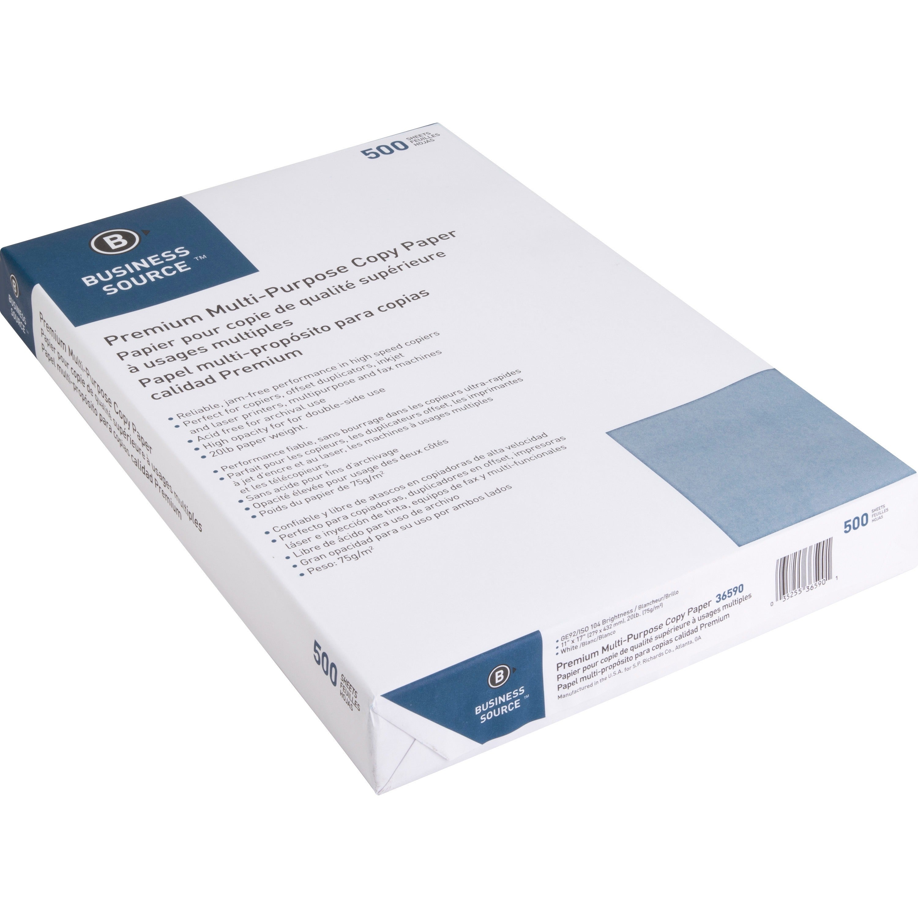 Business Source Premium Multipurpose Copy Paper - 92 Brightness - Ledger/Tabloid - 11" x 17" - 20 lb Basis Weight - 2500 / Carton - Acid-free - White - 